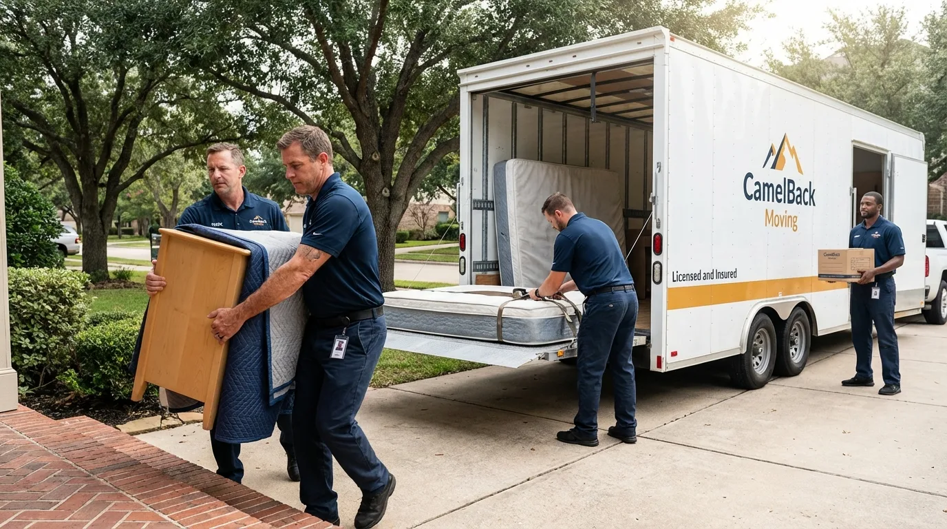 Crew loading residential truck for cross-state move from Oak Island, NC