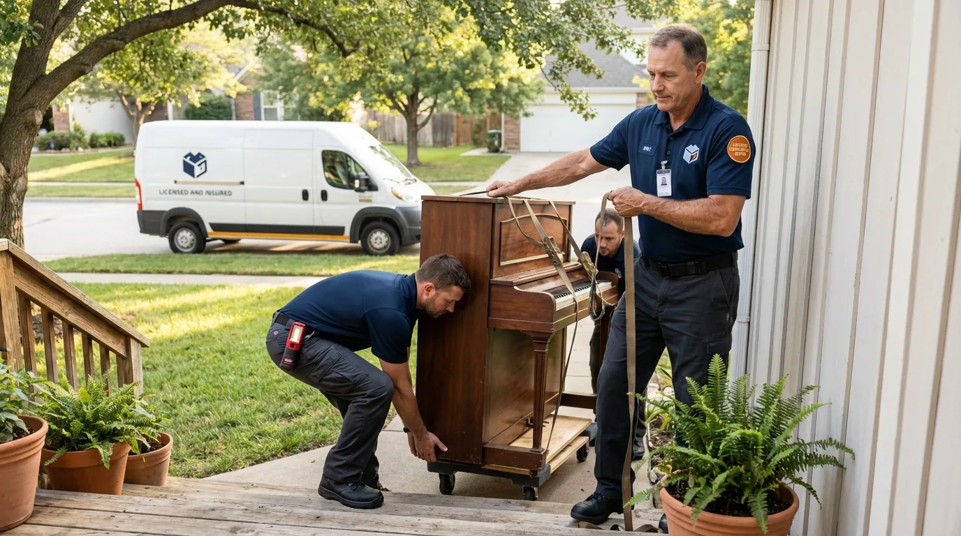 Licensed piano movers securing grand piano in Oak Island, NC