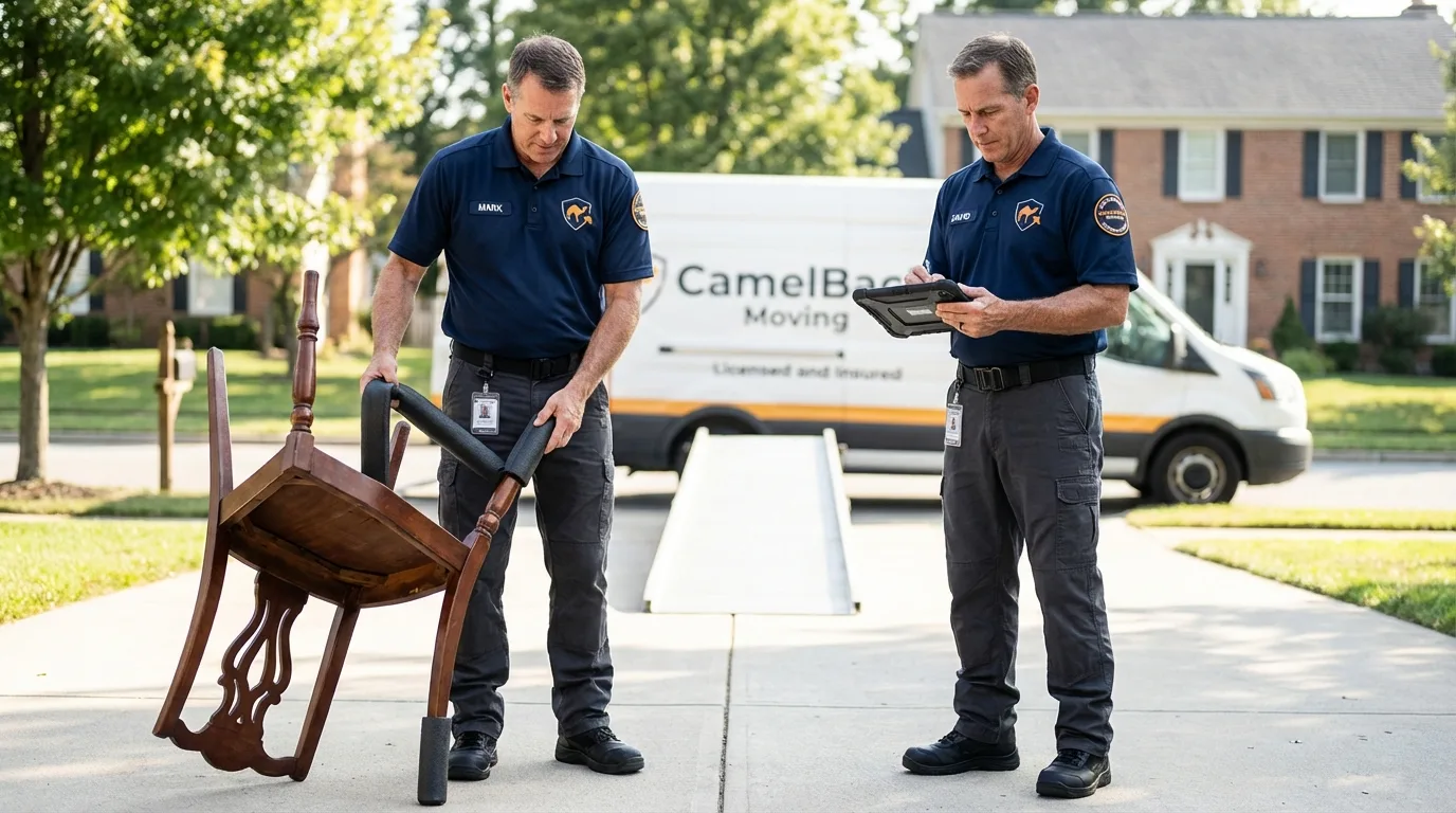 Movers inspecting furniture for damage prevention before loading in Oak Island, NC