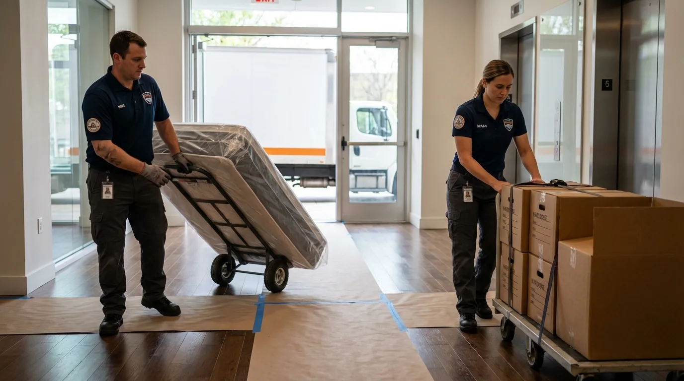 Professional apartment movers loading elevator in Oak Island, NC